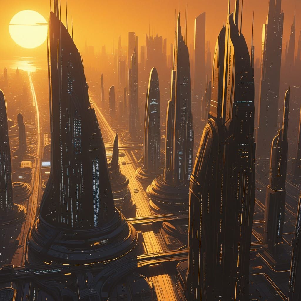 Futuristic Cityscape with Neon-Lit Skyscrapers and Golden Li...