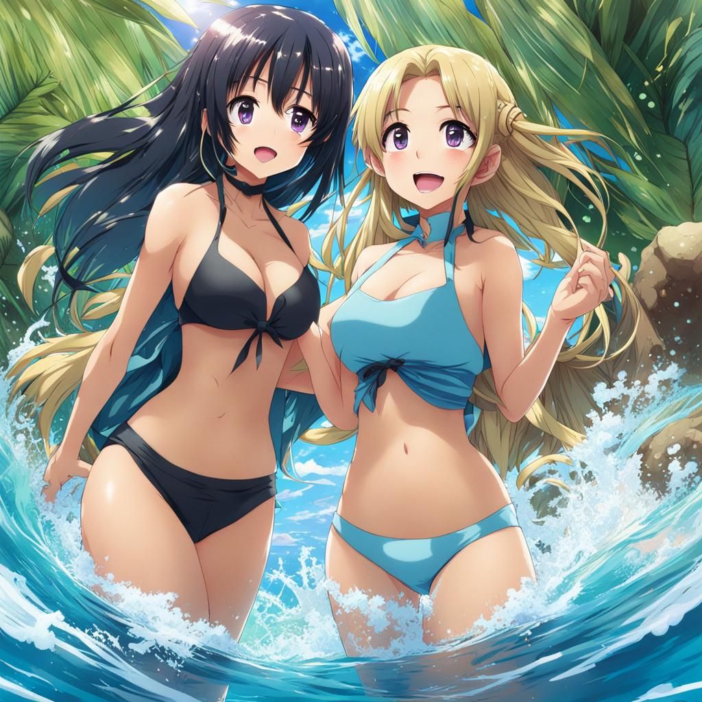 Anime-Style Beach Scene with Two Playful Women