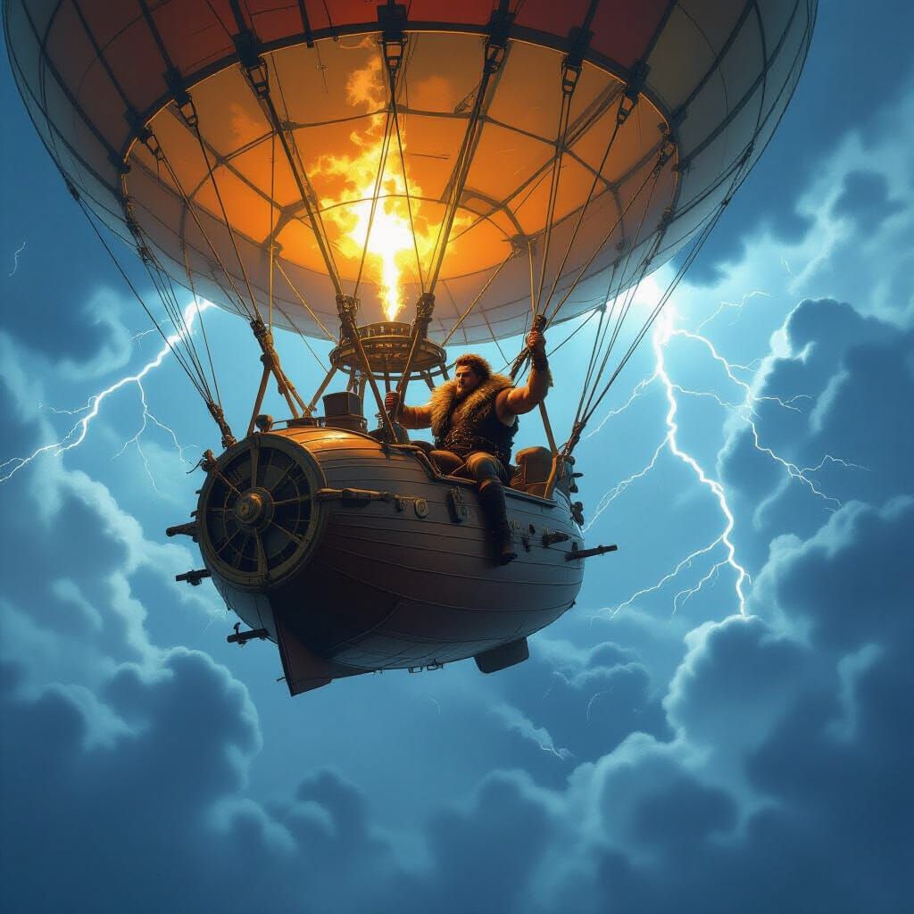 Caveman Pilots Zeppelin Through Stormy Skies
