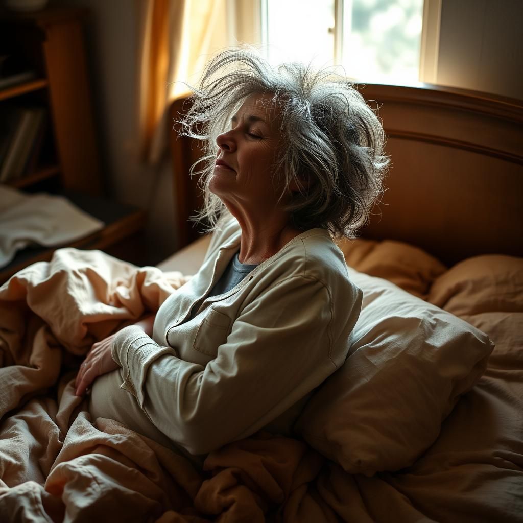 Woman Waking Up in Sunlit Bedroom, Impressionistic Style