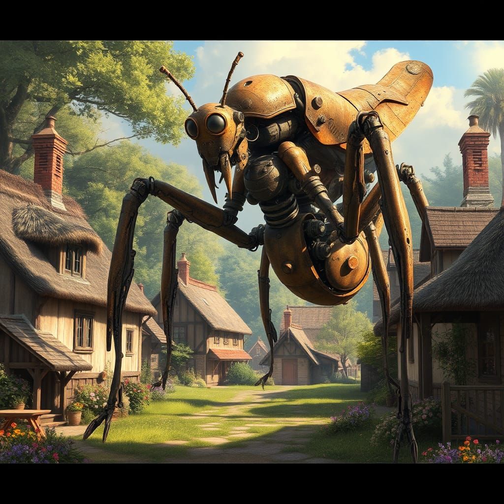 Giant Praying Mantis Mecha in Rural Village