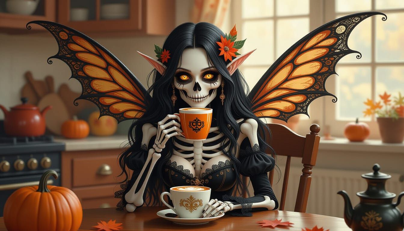 Skeletal Faerie Enjoys Latte in Gothic Steampunk Style