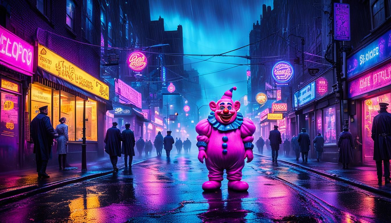 Mr. Blobby Arrested by Clown Police in Neon Cityscape