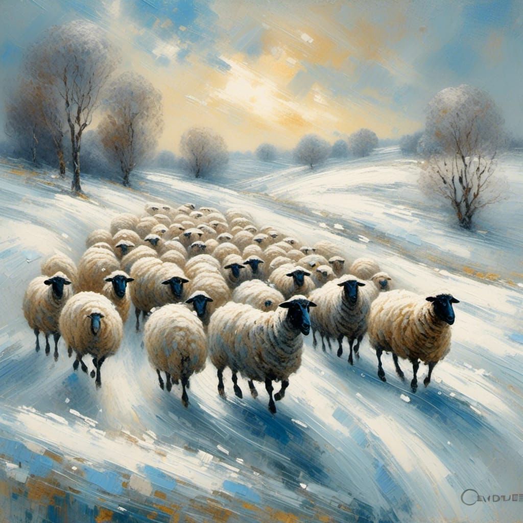 Shepherd Drives Sheep Across Snowy Field in Impressionist St...