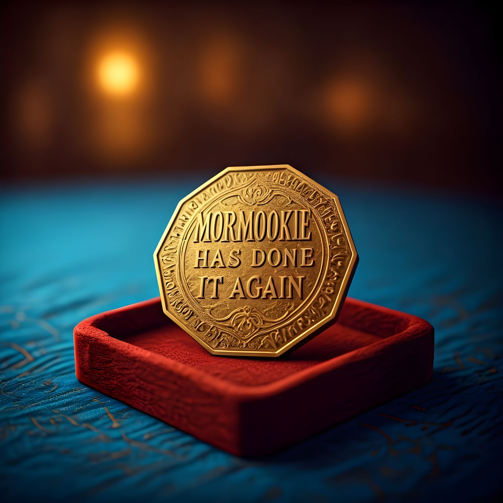 Golden Coin with Raised Lettered Inscription in a Regal Sett...