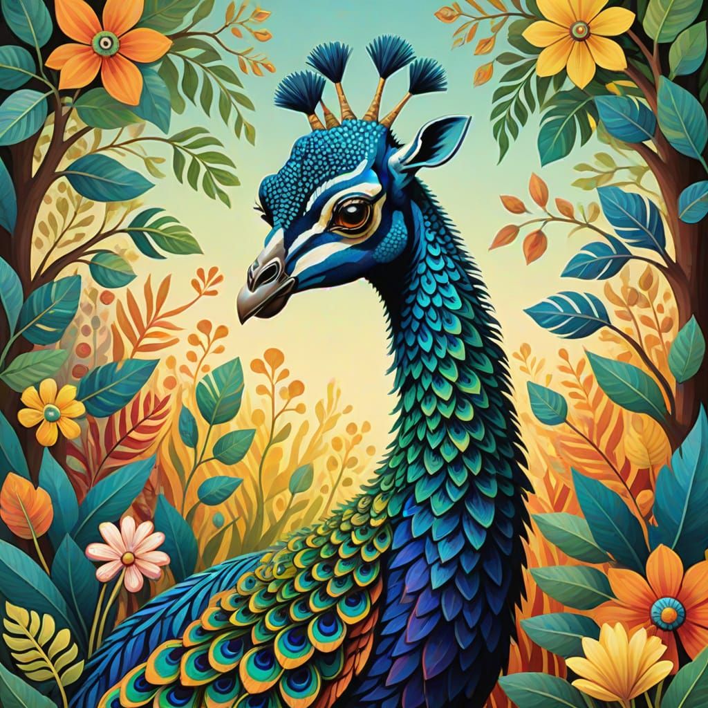Majestic Peacock-Giraffe Hybrid in Vibrant Oil Painting Styl...