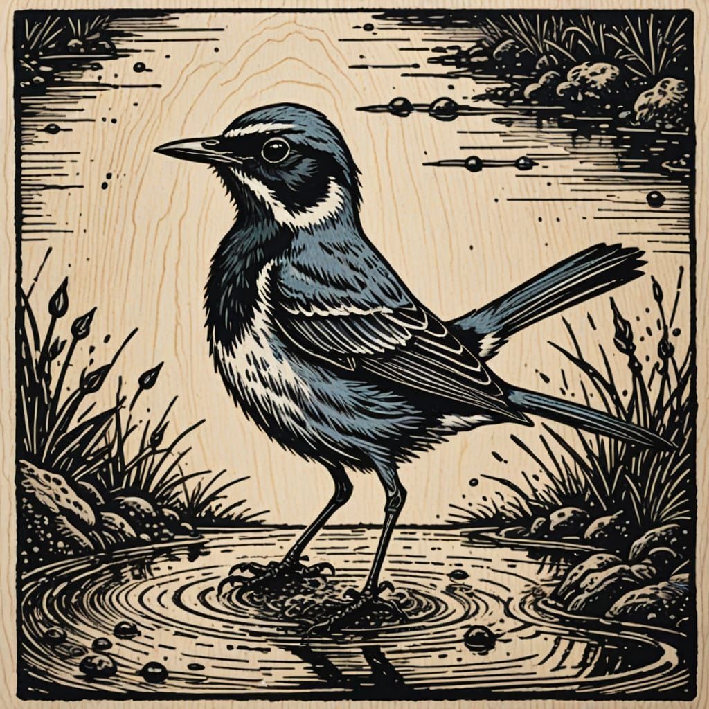 Small Wagtail Jumps on a Puddle in Woodcut Style