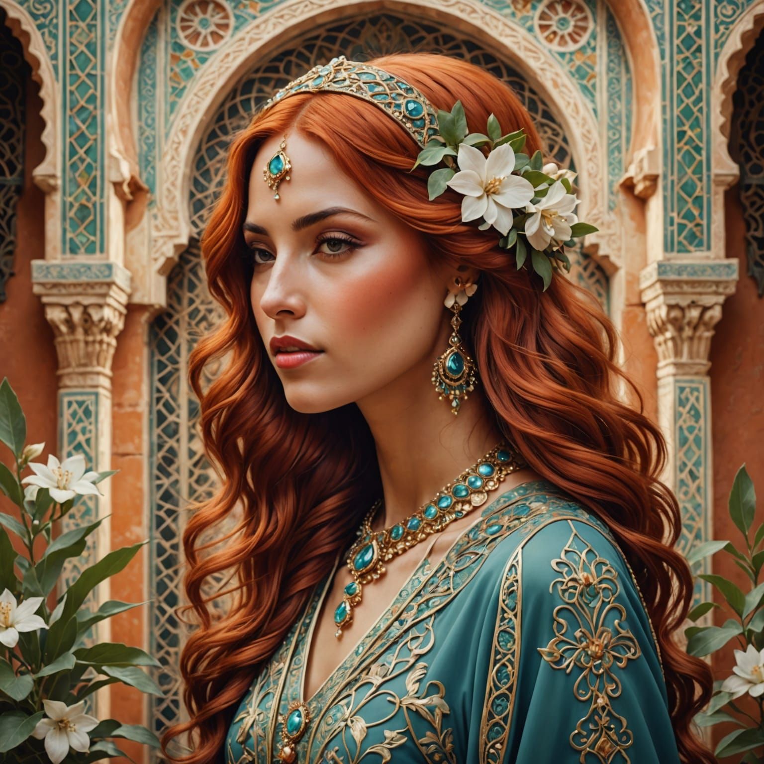 Ethereal Moroccan Goddess in Art Nouveau Splendor