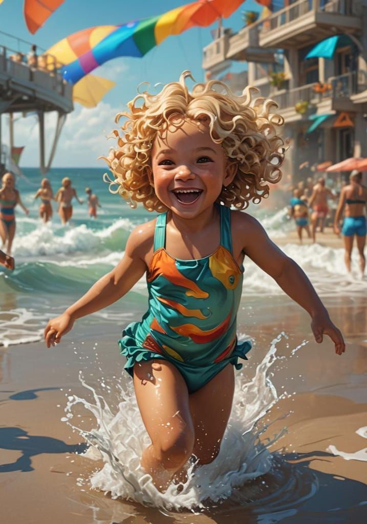 Toddler Girl's Joyful Beach Jump: Hyperdetailed Concept Art