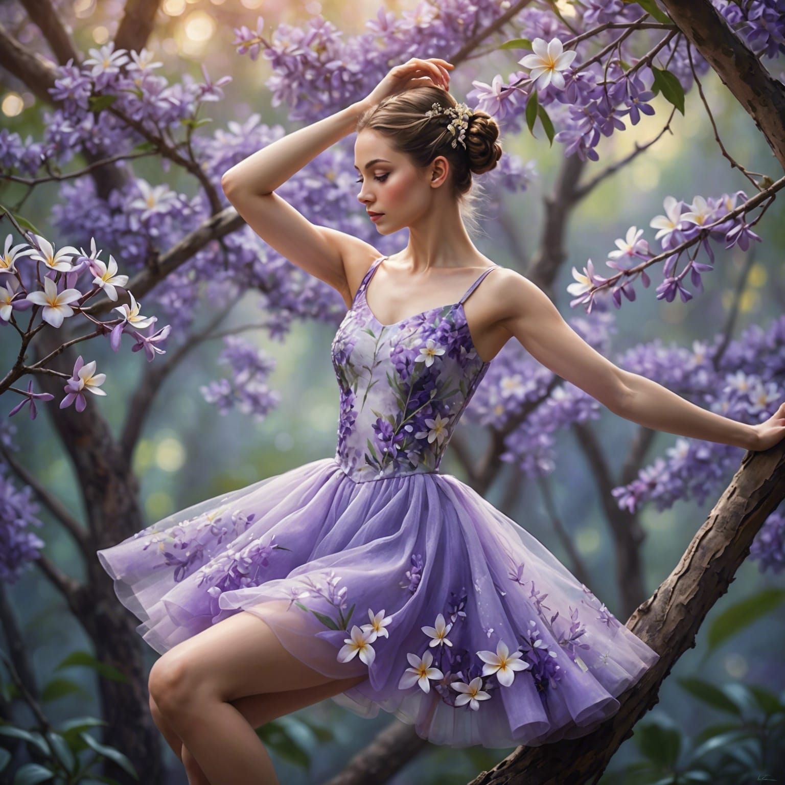 Ballerina in Floral Dress, Magical Realism Digital Oil Paint...