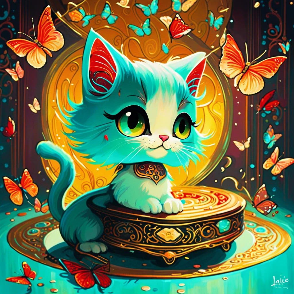 Cat with Butterfly Filigree: Surreal Digital Painting