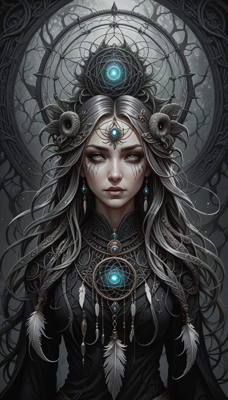 Cyberpunk Dreamcatcher Goddess in Chibi Charcoal Art