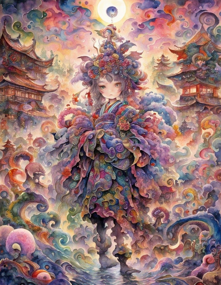 Geisha Samurai Fantasy Art with Psychedelic Swirls