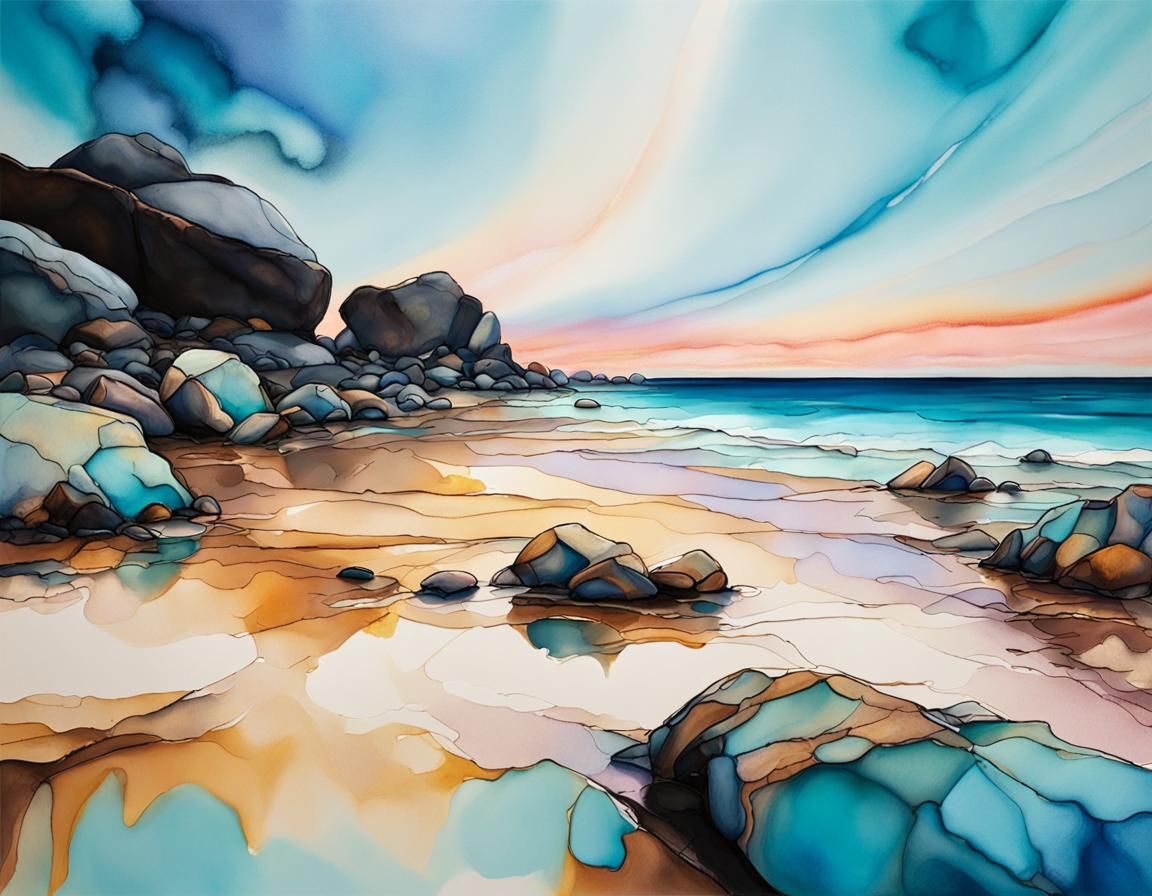 Surreal Australian Beachscape in Alcohol Ink Style