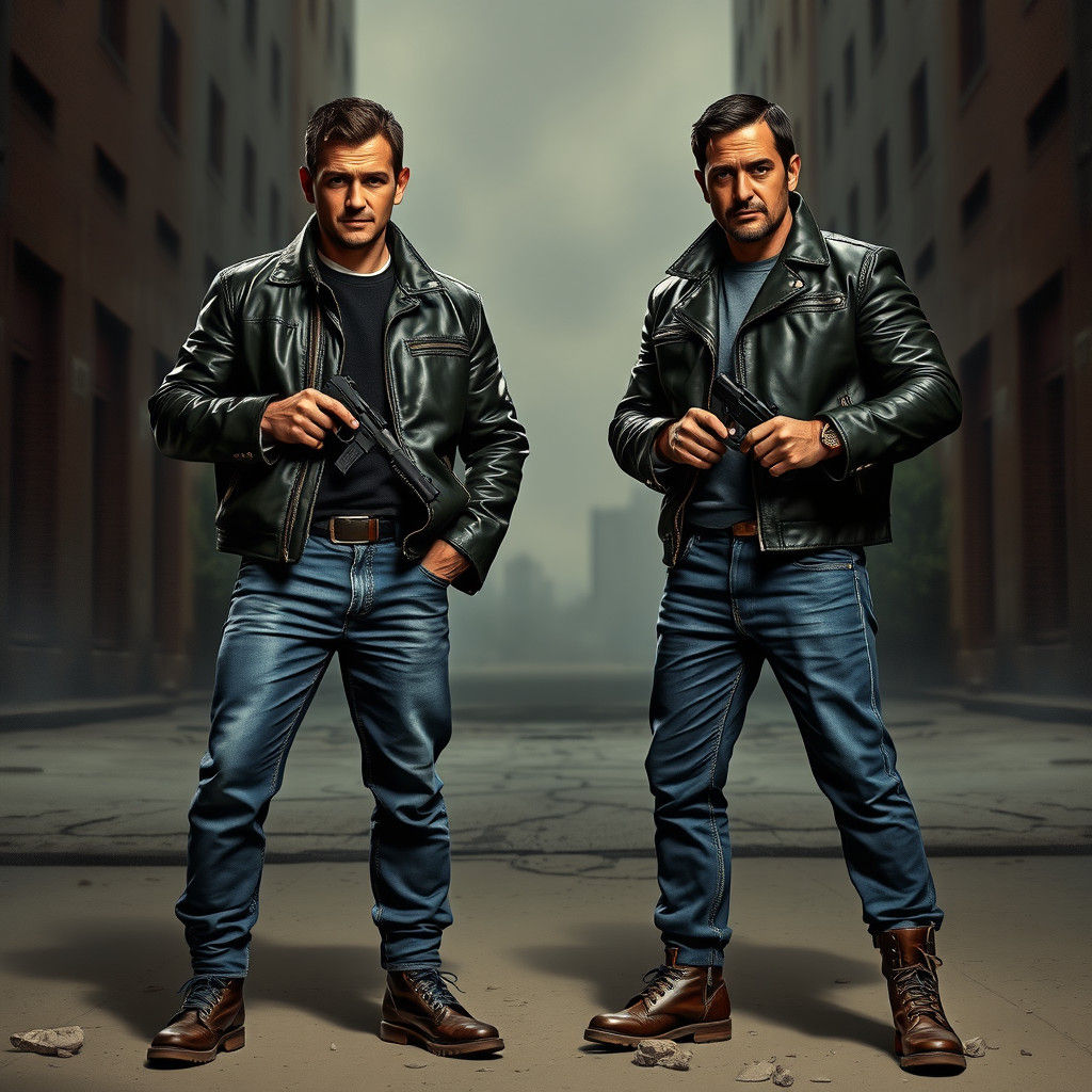 Two Men Holding Guns in Gritty Urban Scene