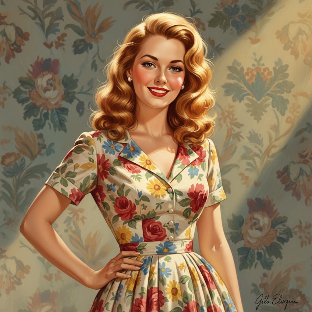 1940s Woman in Floral Dress with Sunlit Hair