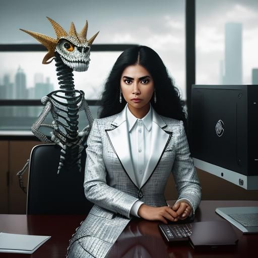 Mexican Businesswoman in Crocodile Suit, Hyperrealistic