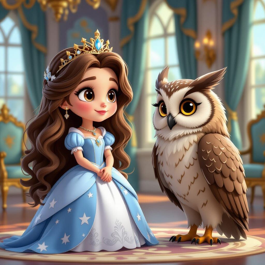 Princess Listens to Owl in 3D Cartoon Style