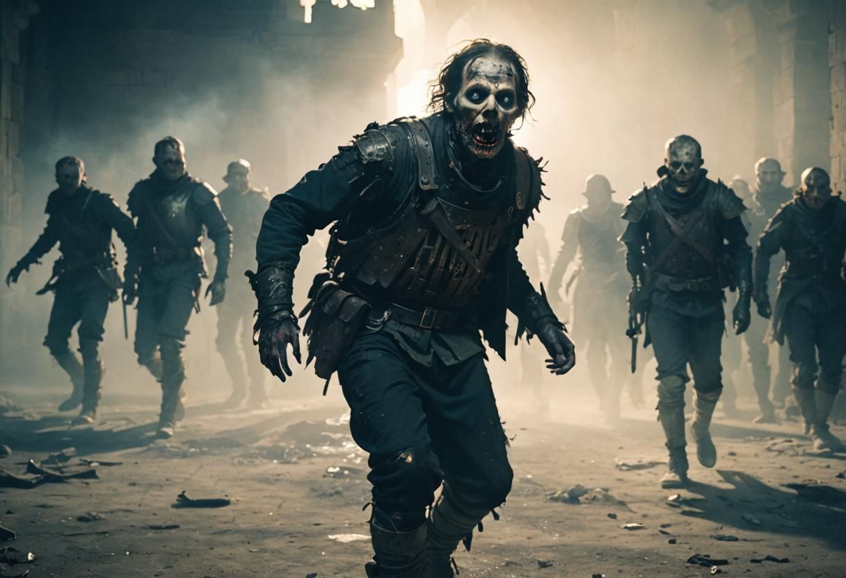 Gothic Horror Zombies in Tattered Armor, Shrouded in Dark Ca...