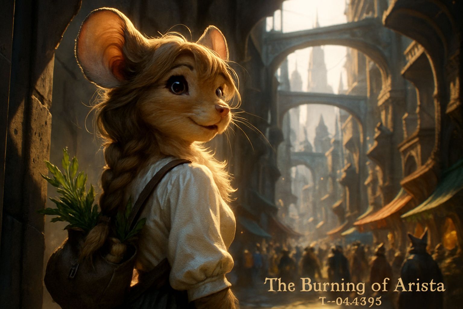Anthropomorphic Mouse in Fantastical Sci-Fi Cityscape