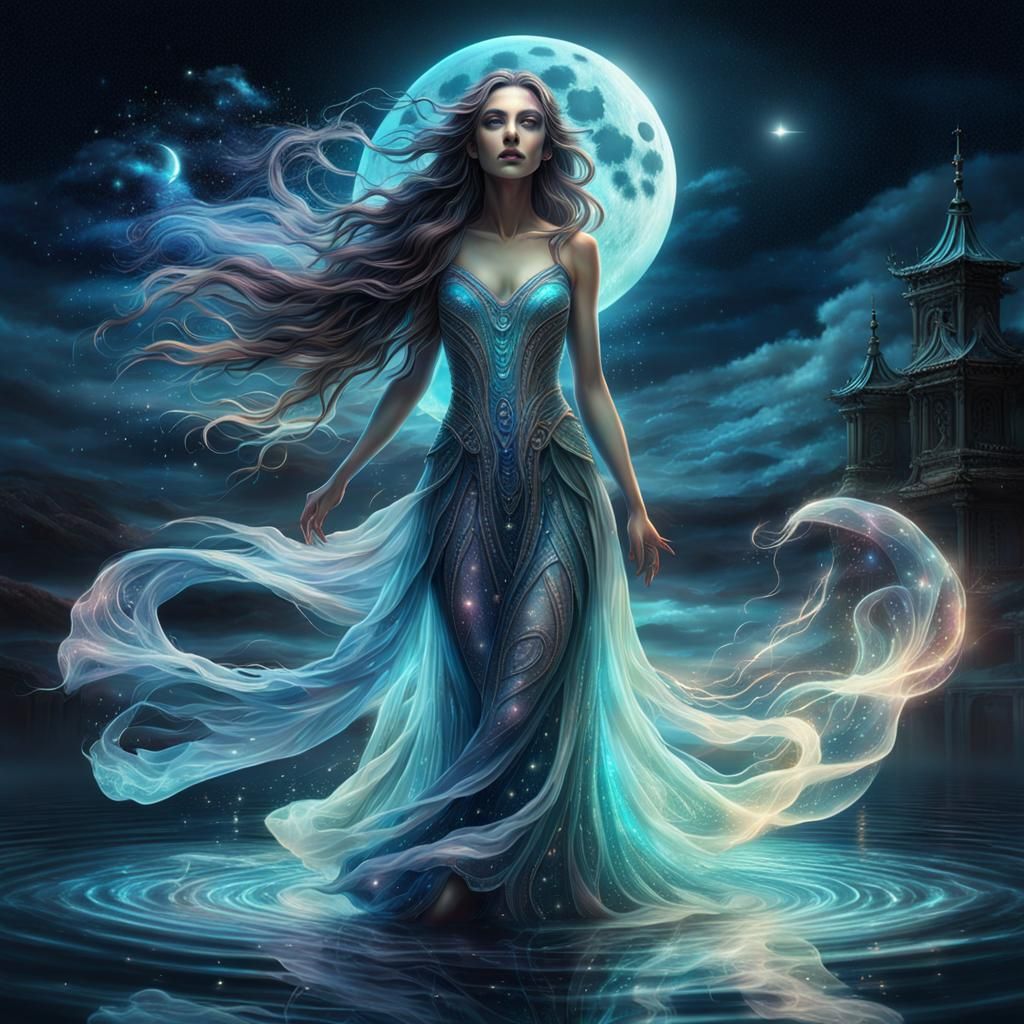 Spectral Woman in Starlight: Hyperrealistic Splash Art