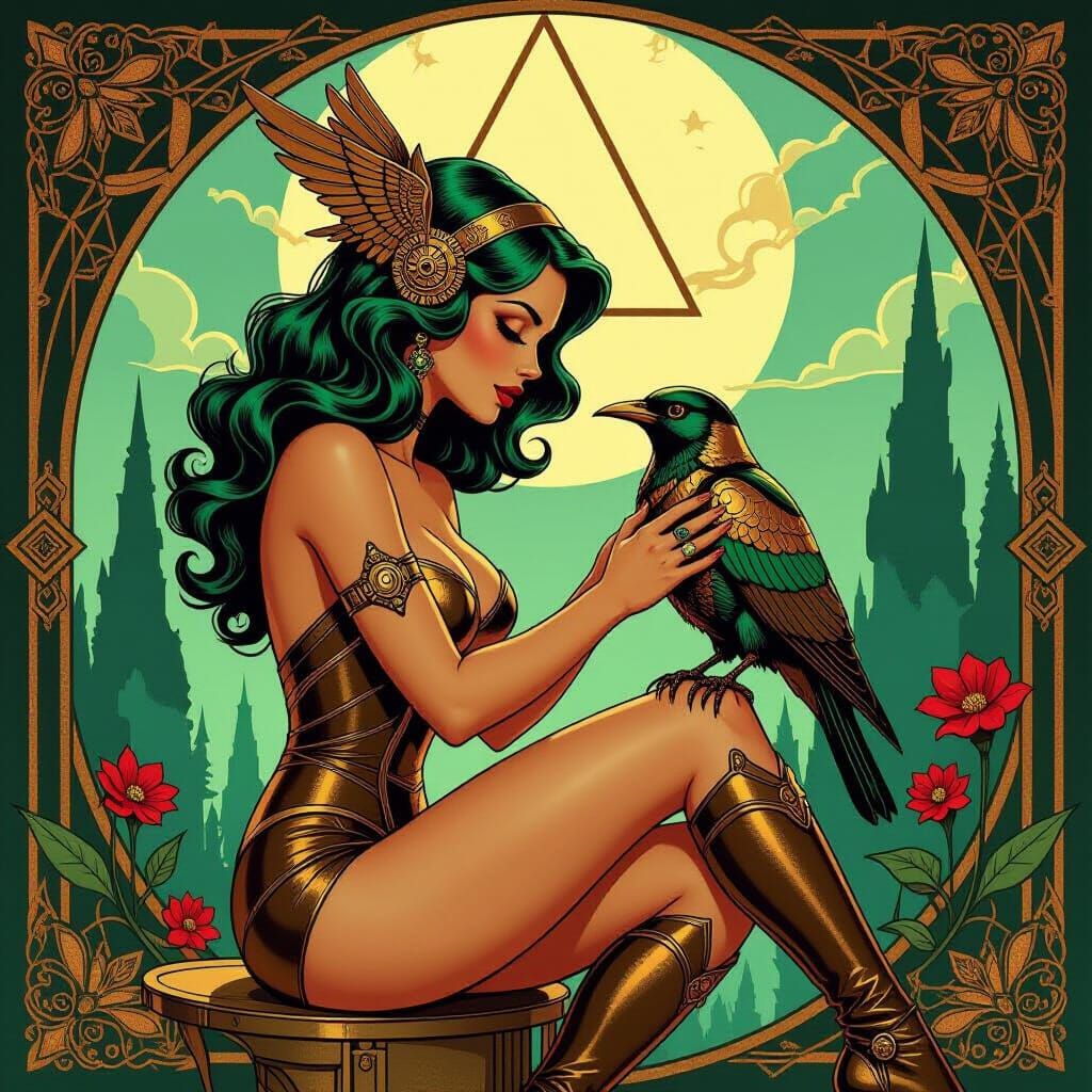 Cyber Pin-Up Tends Wounded Steampunk Bird in Art Deco Style