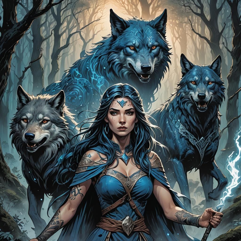 Mystical Beastmaster Witch Summoning Wolf, Comic Book Art
