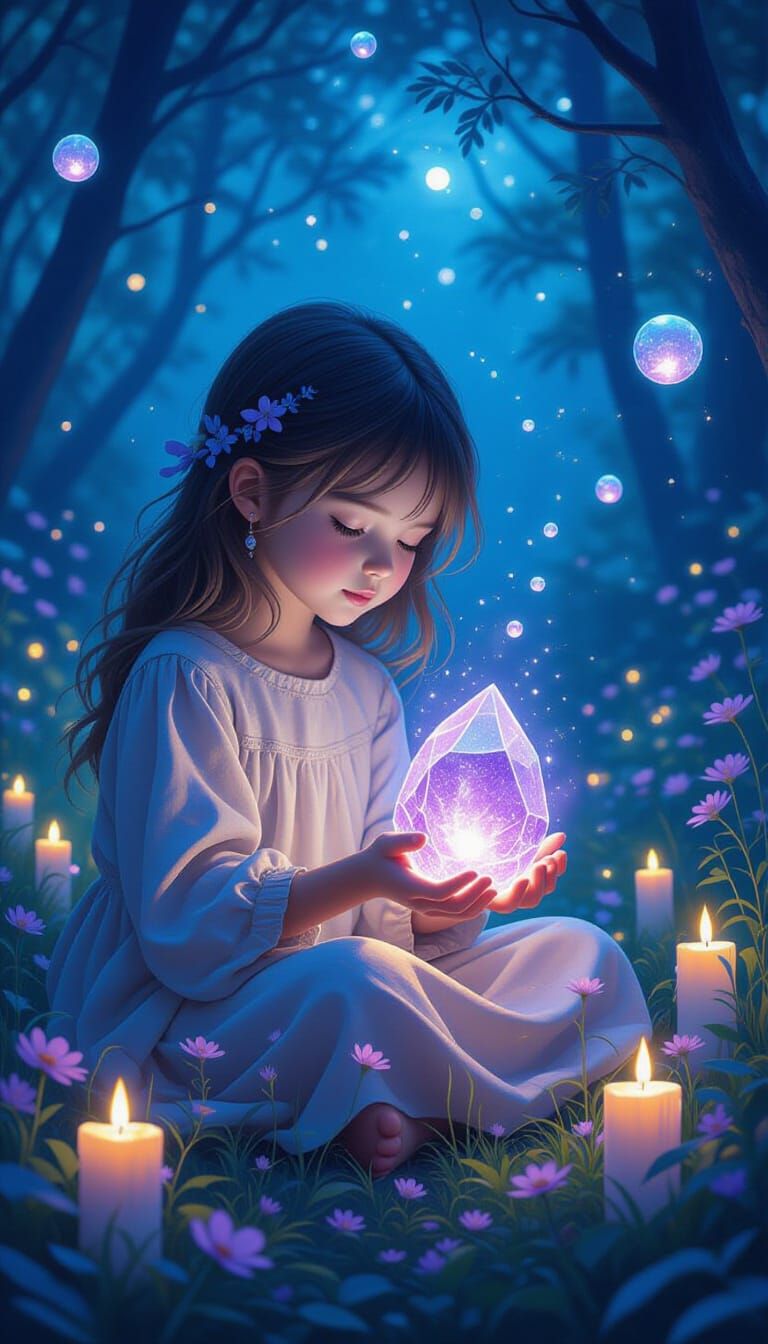 Magical Realism Girl Holds Glowing Purple Crystal in Enchant...