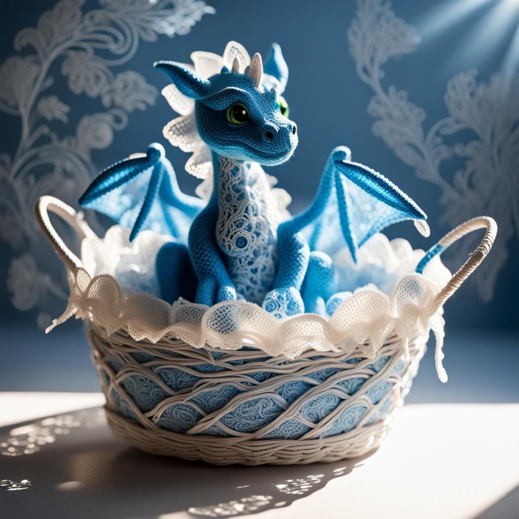 Blue Lace Baby Dragon in Basket