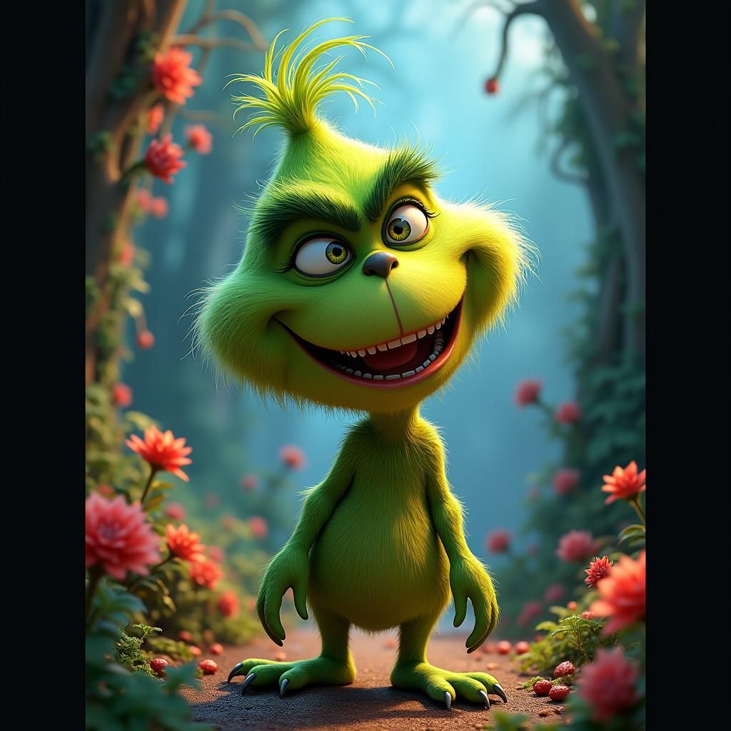 Joyful Grinch Radiating Warmth in Fantasy Landscape