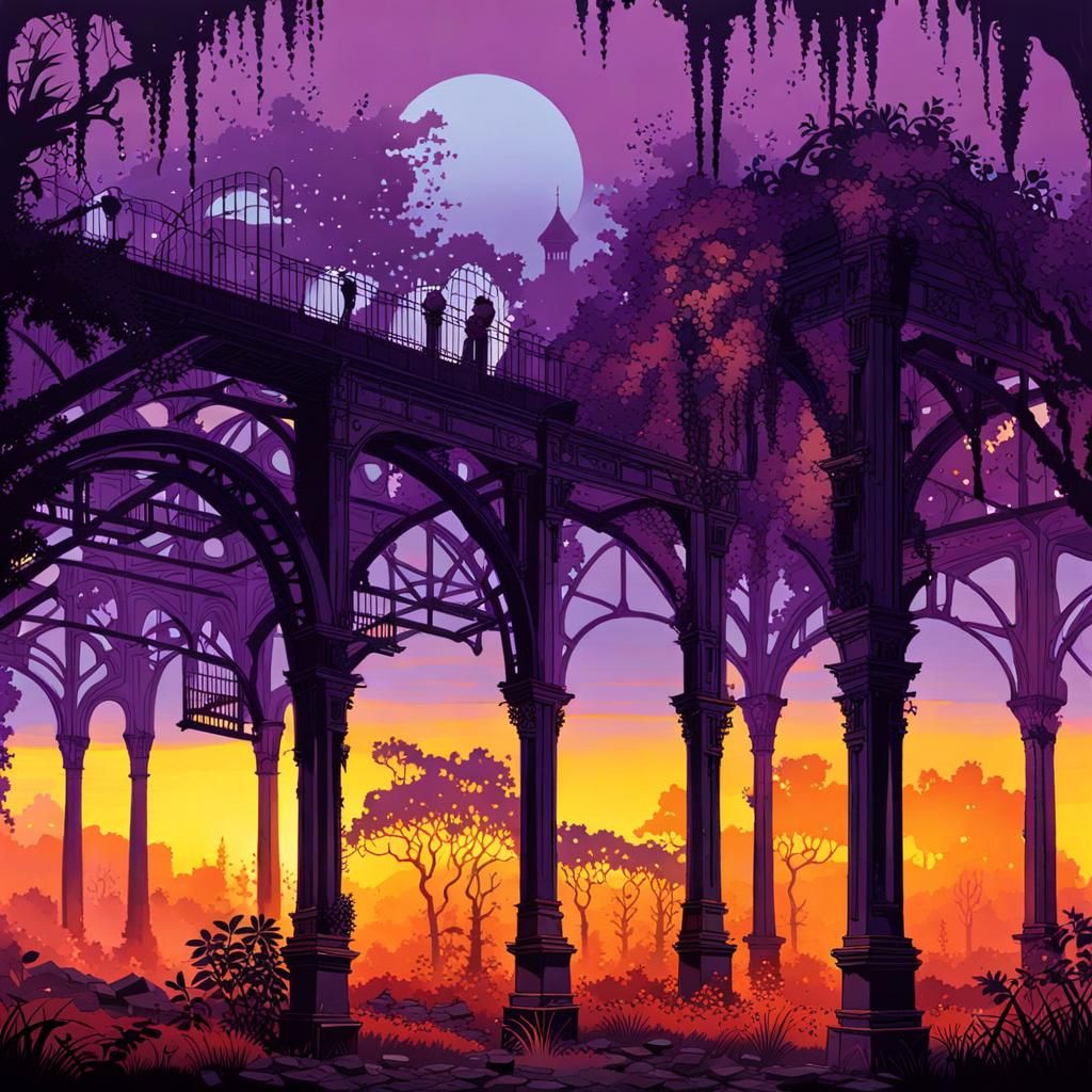 Overgrown Train Station Ruins at Dusk