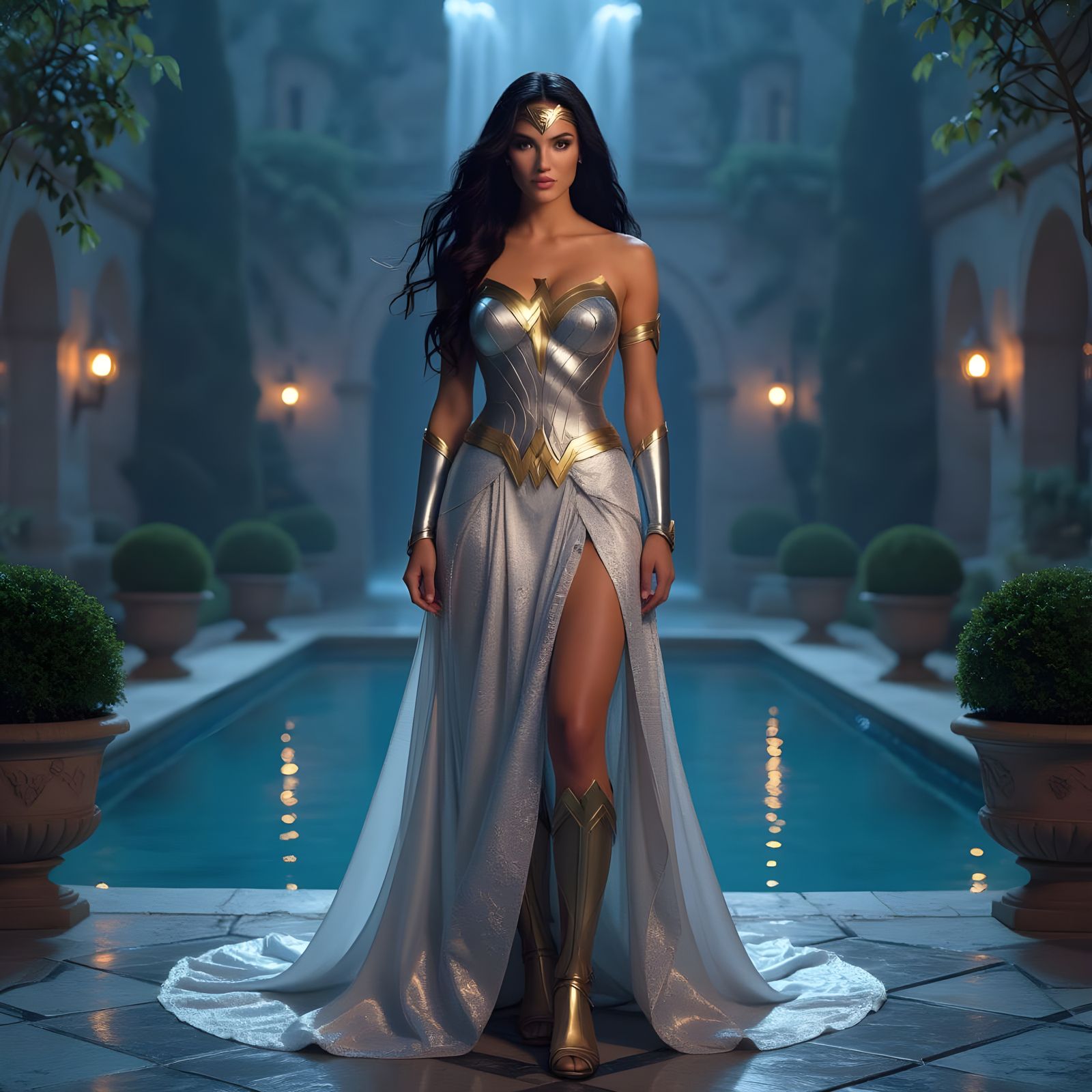 Wonder Woman in Silver and Gold Gown at Castle