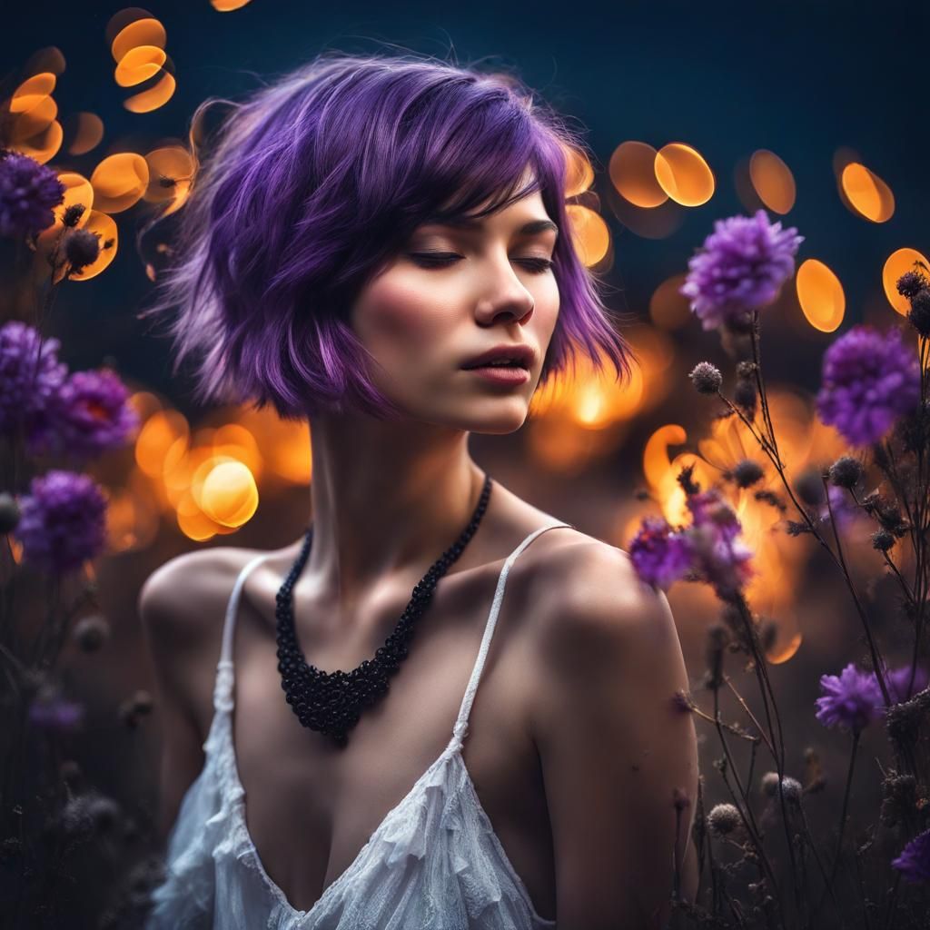 Hyperrealistic Girl with Purple Hair by Fire