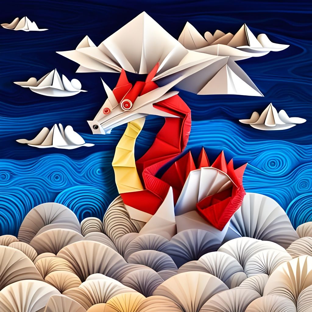 Origami Mushroom Dragon in Surreal Landscape