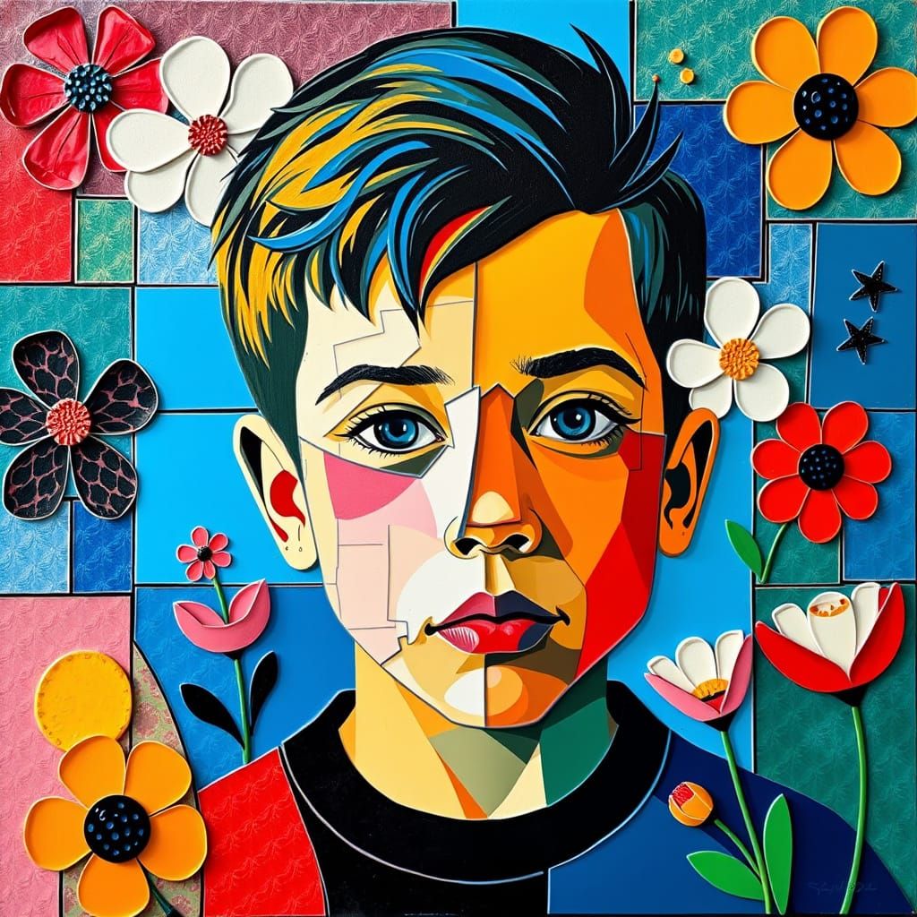 Le portrait d’un enfant de 12 ans fragmenté en petits carrés...