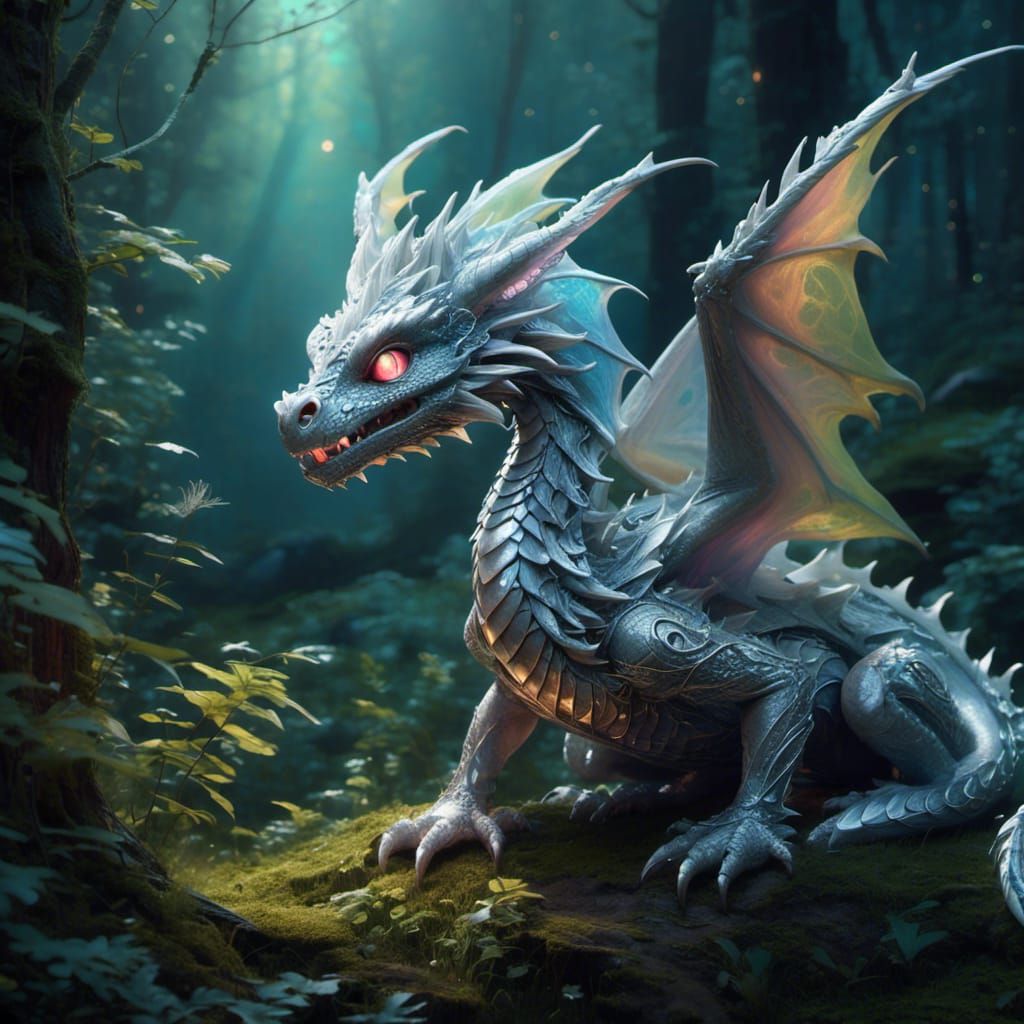 Baby Silver Dragon in Enchanted Forest