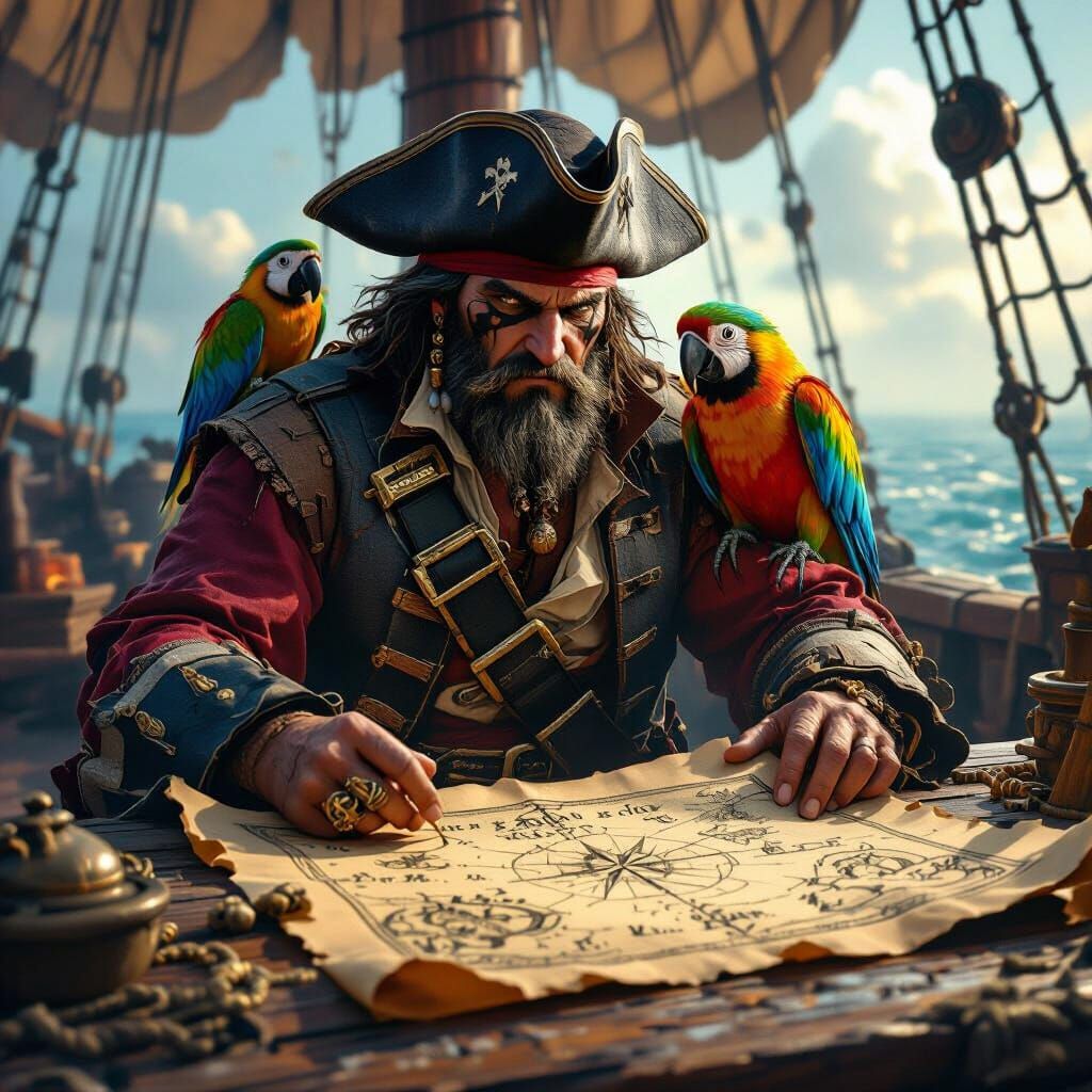 Grizzled Pirate Captain Surveys Treasure Map on Galleon
