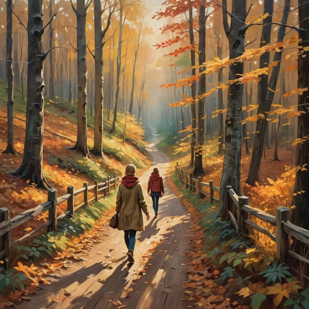 Autumn Impressionism: Woman in Forest at Golden Hour