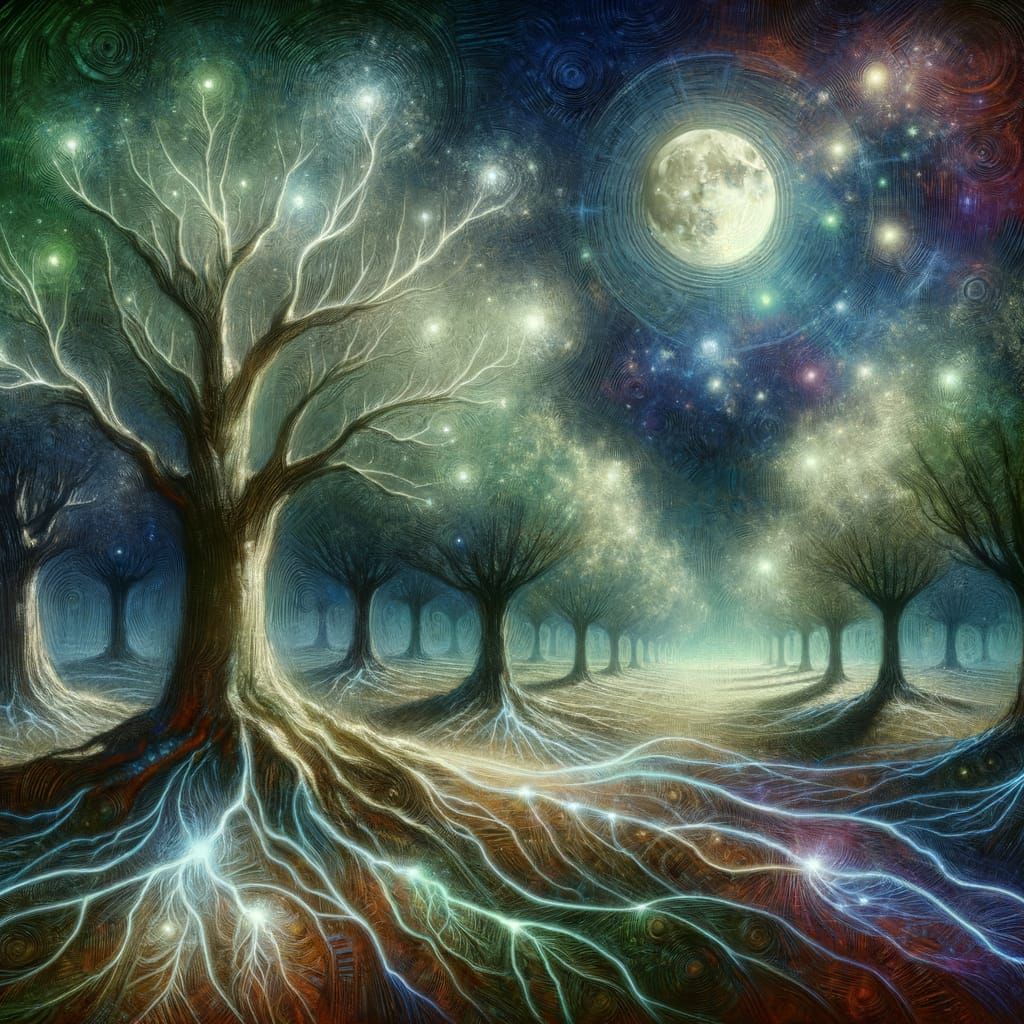 Moonlit Forest with Glowing Circuit Roots