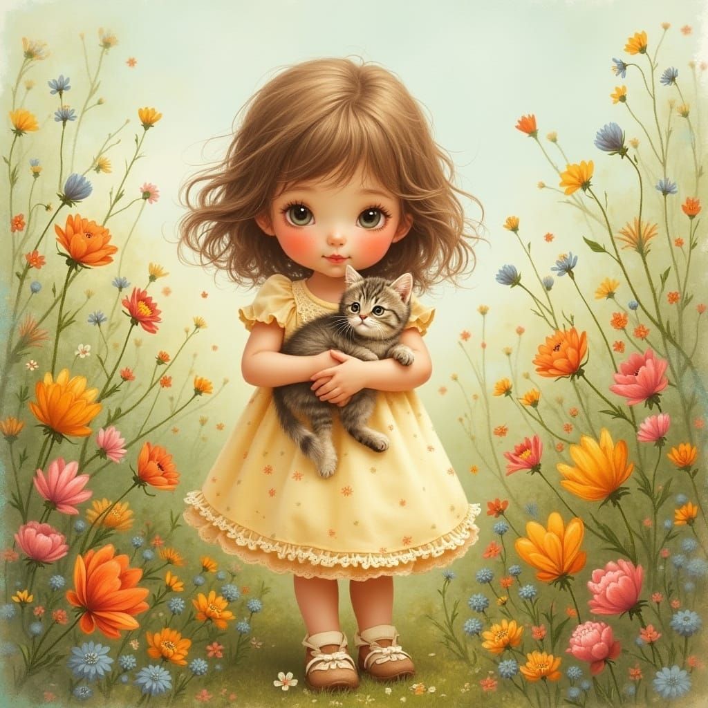 Girl with Kitten in Flower Field, Whimsical Style