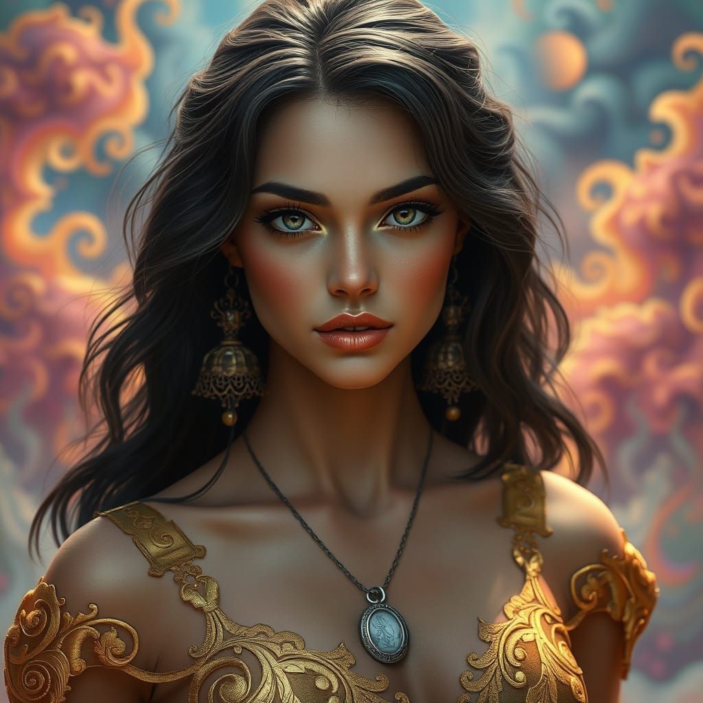 Fantasy Woman in Metallic Gold Sun Dress