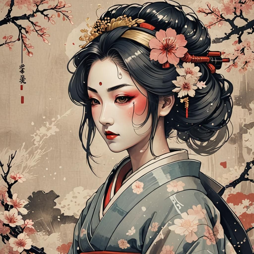 Ukiyo-e Geisha in Chinese Ink Painting Style