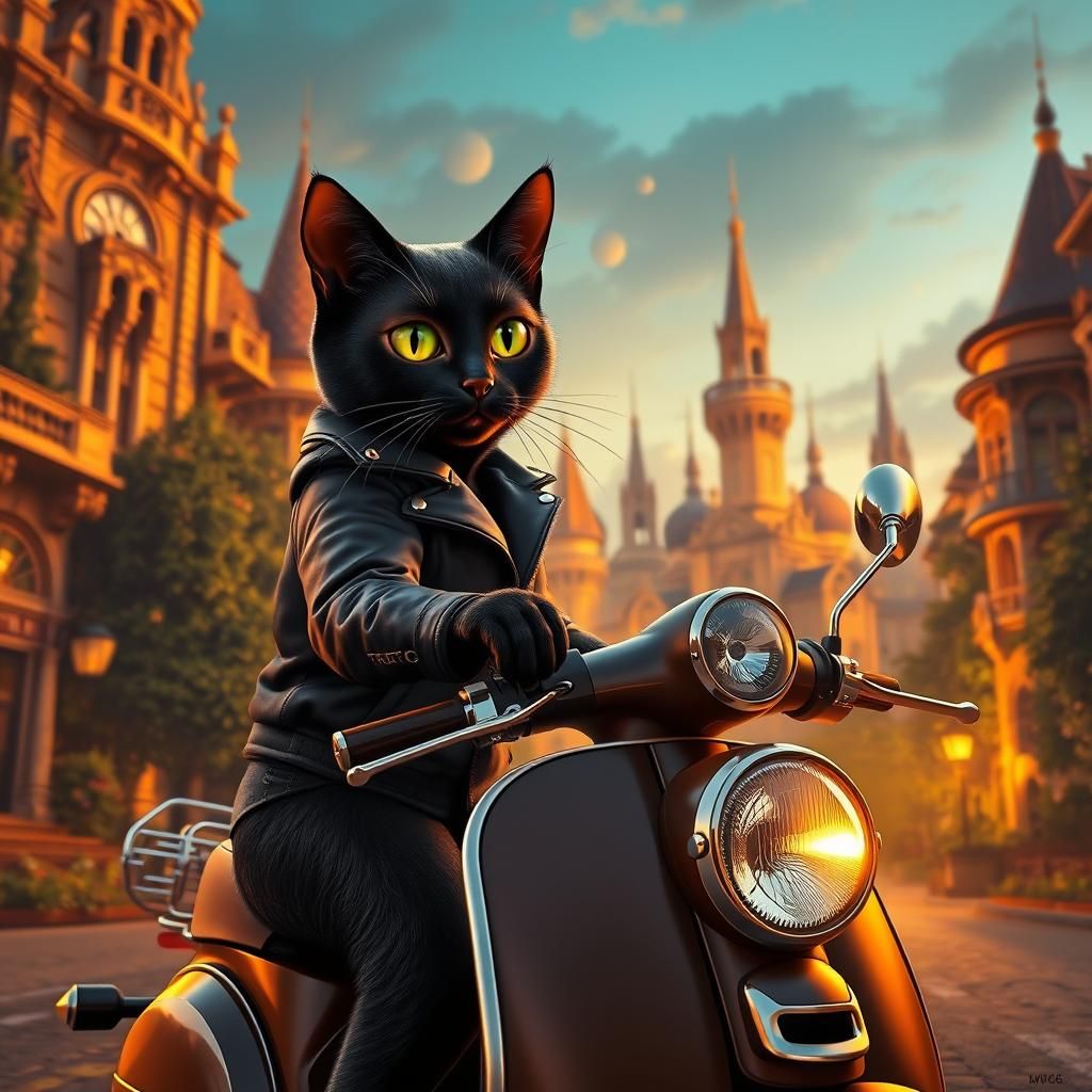 Cat Rides Scooter in Golden Cityscape