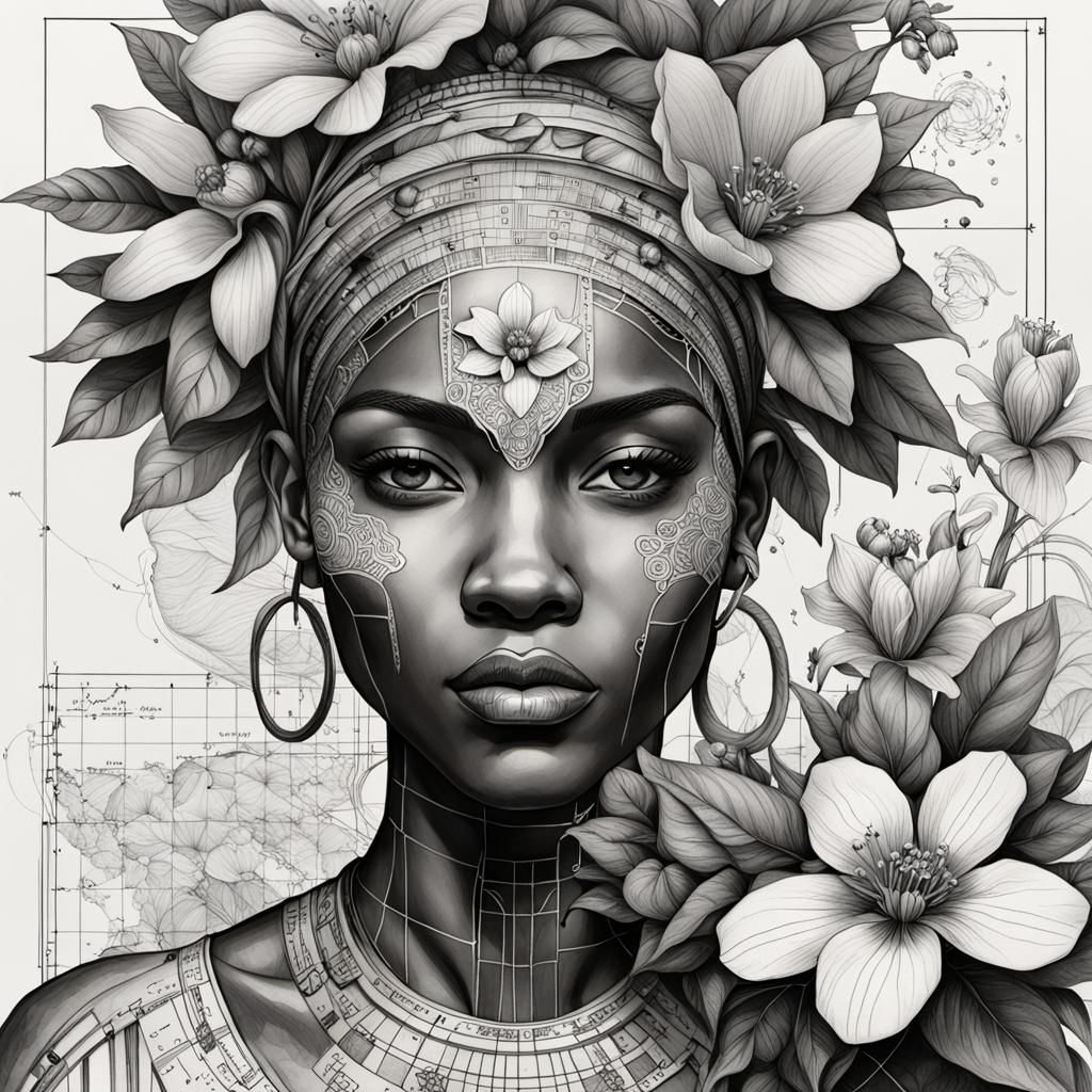 Botanical Ink Drawing of African Flower Blueprint