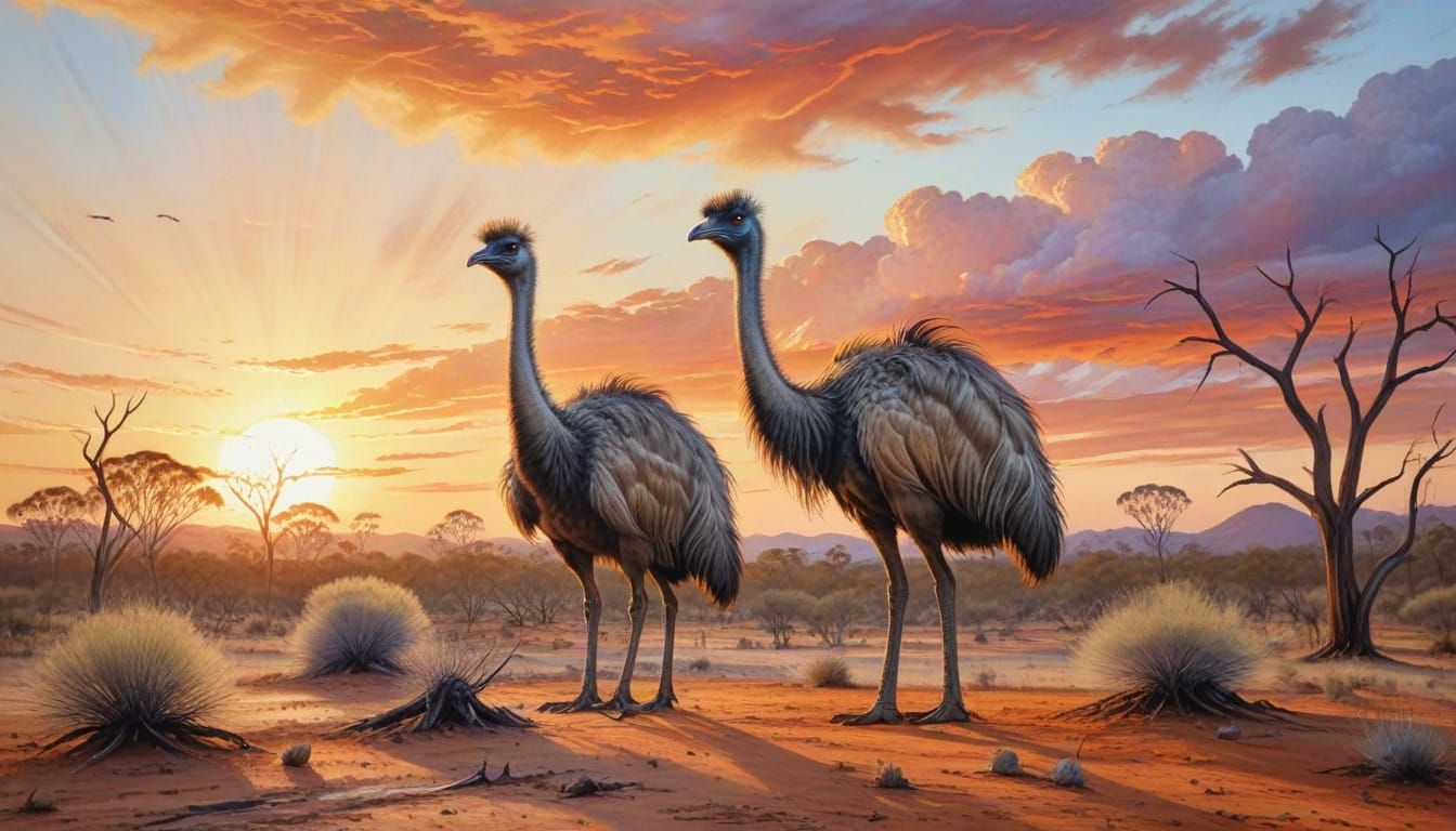 Emus Rising Over Australian Desert in Dreamy Pastel Light