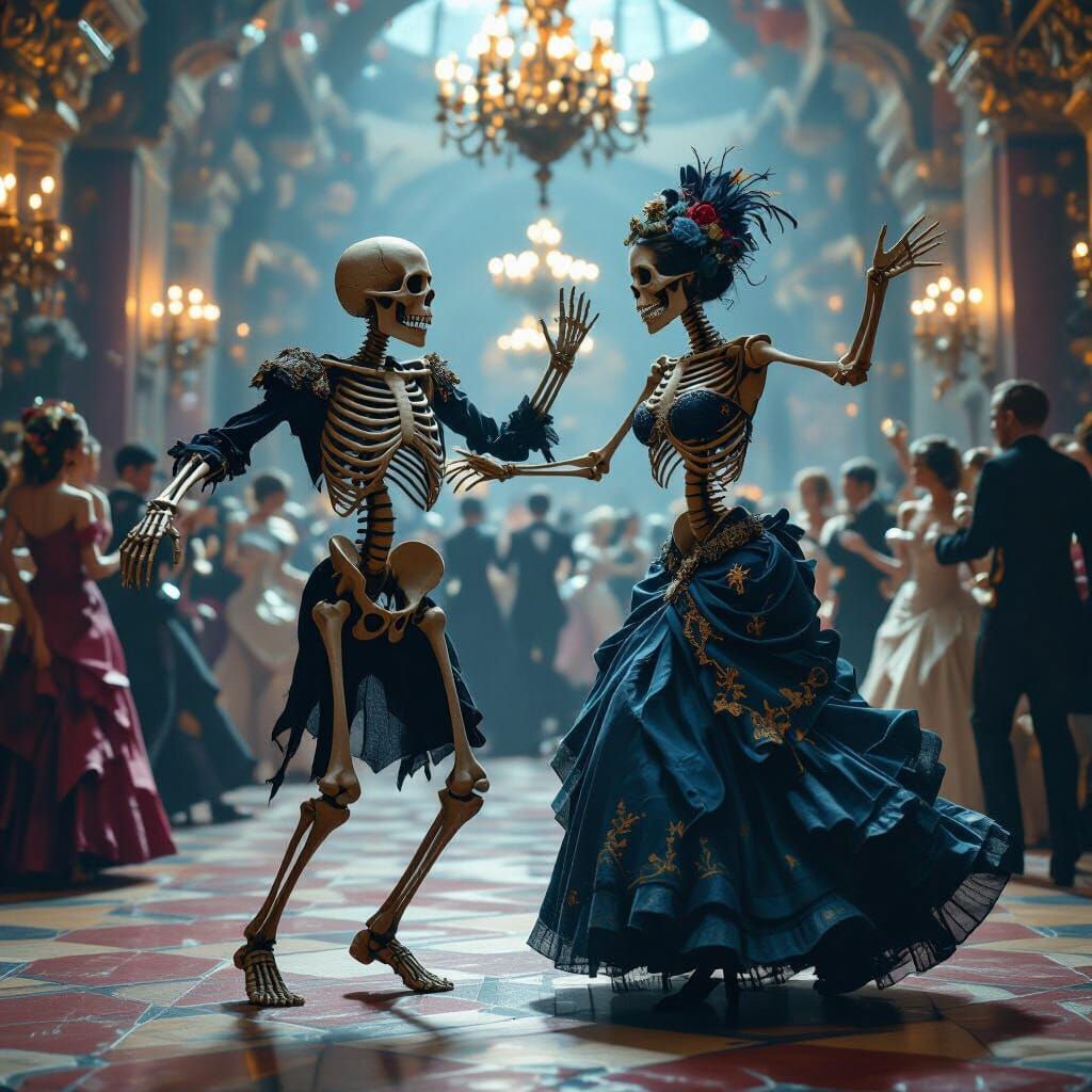 Skeletons Dancing at a Ball, Detailed Matte Painting