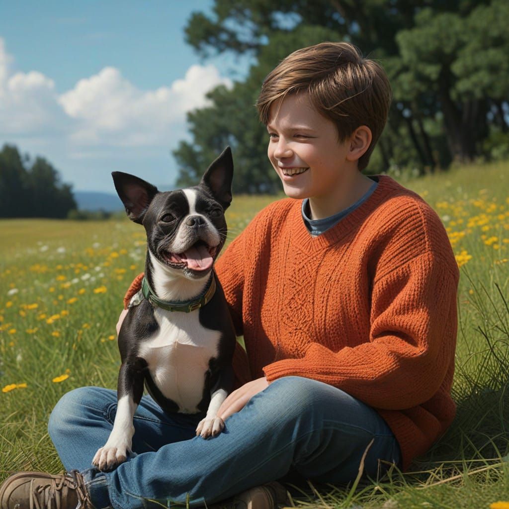 Boy and Dog Share Unconditional Joy in a Vibrant Green Meado...