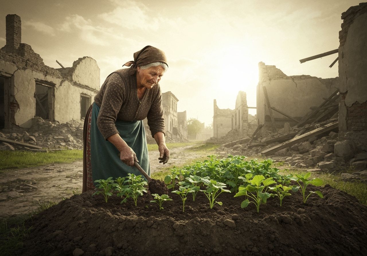 Hope Blooms: Woman Tends Garden in War-Torn Village