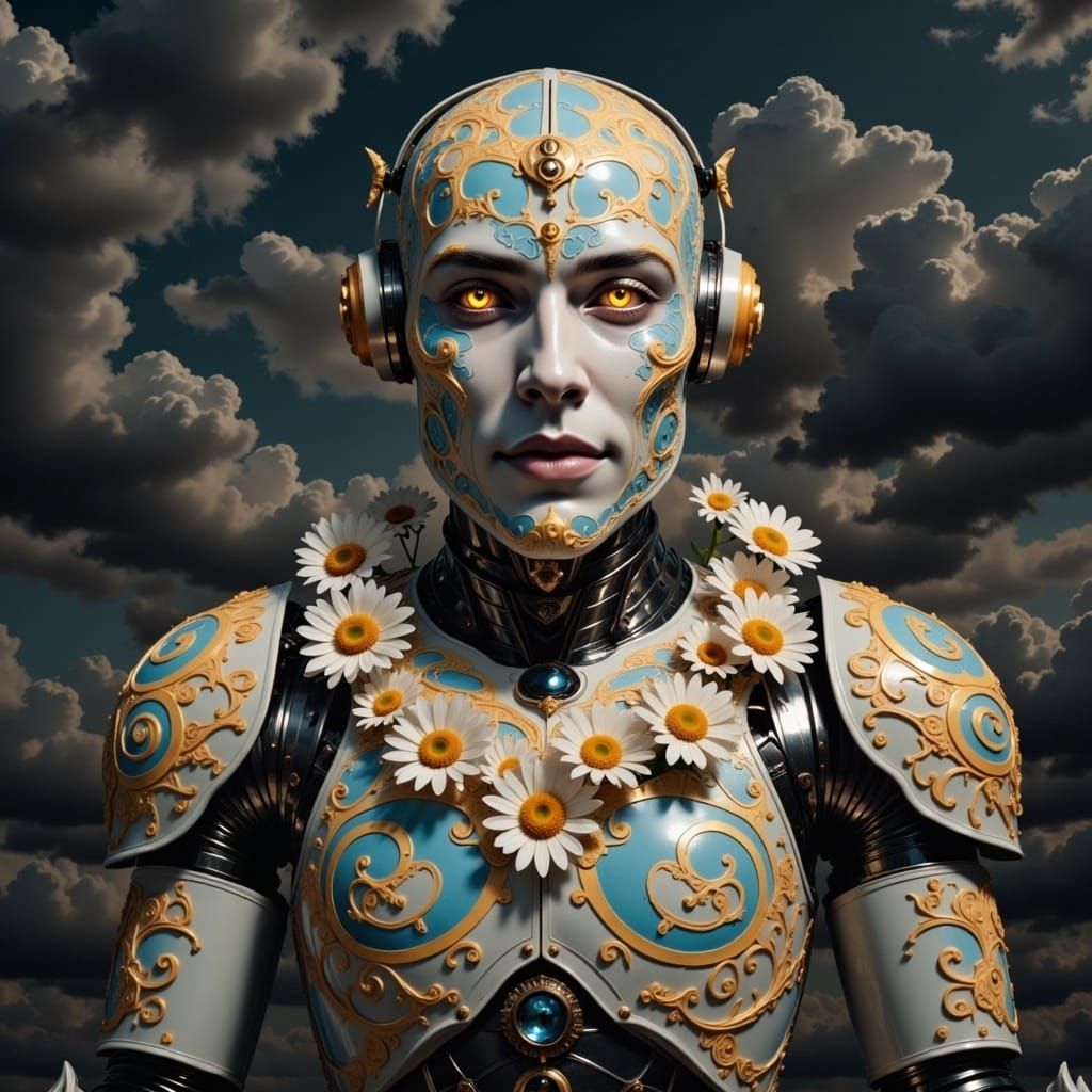 Robot with Daisies and Colorful Swirls