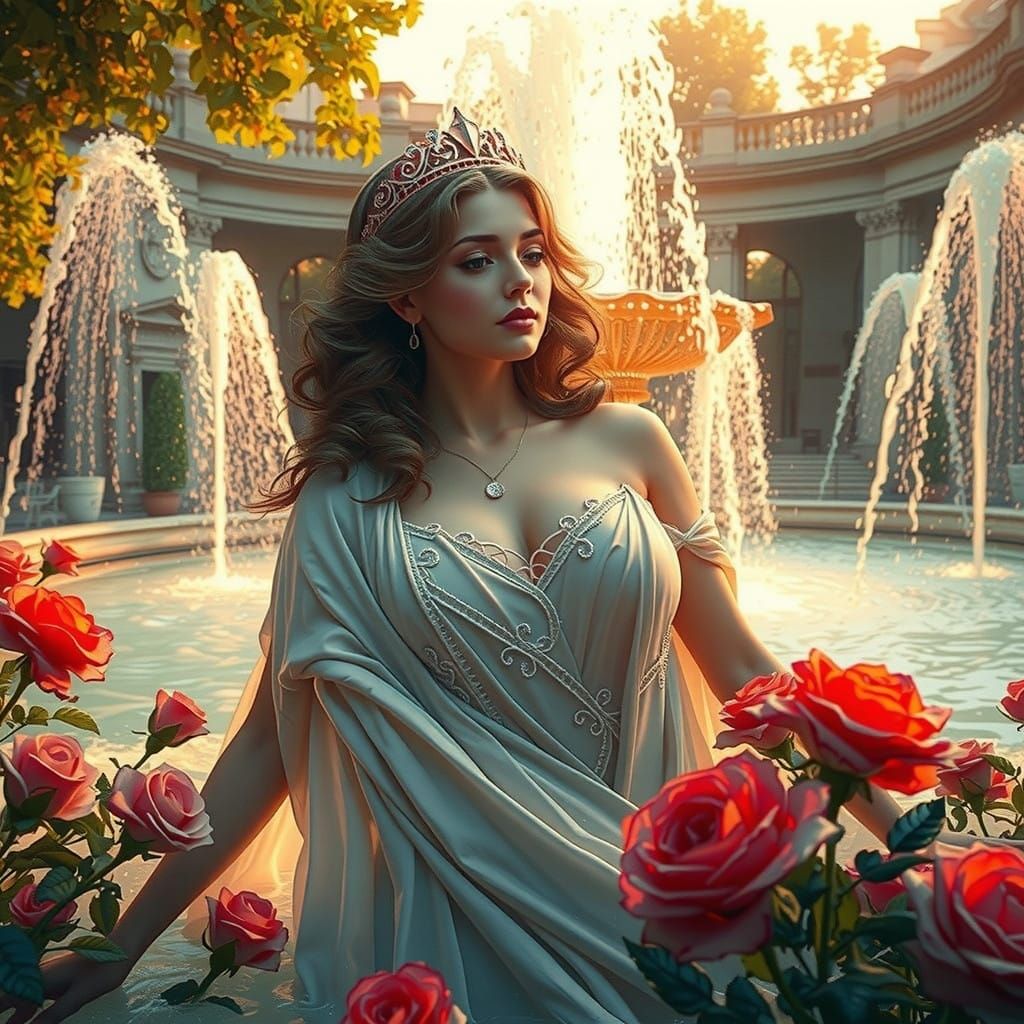 Serenely Bathing Italian Goddess Surrounded by Roses